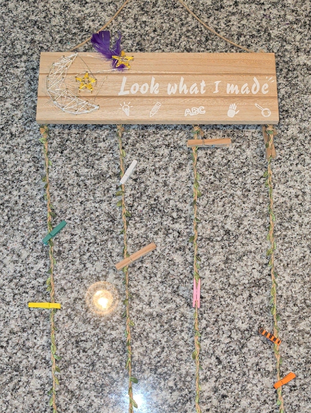 Look What I Made Wooden Art Display - Natural Wood with Purple & Yellow Accents